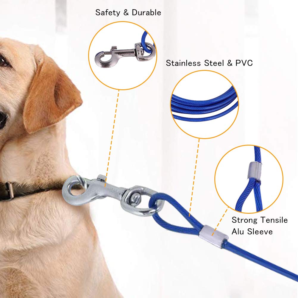 Dog Chain Extendable for Pets Long Steel Wire Dog Rope with Double Clips, Chew Resistant Tie Out for Picnic, Camping, Outdoor Use Secure Animal Safety with Durable Cord (Blue)