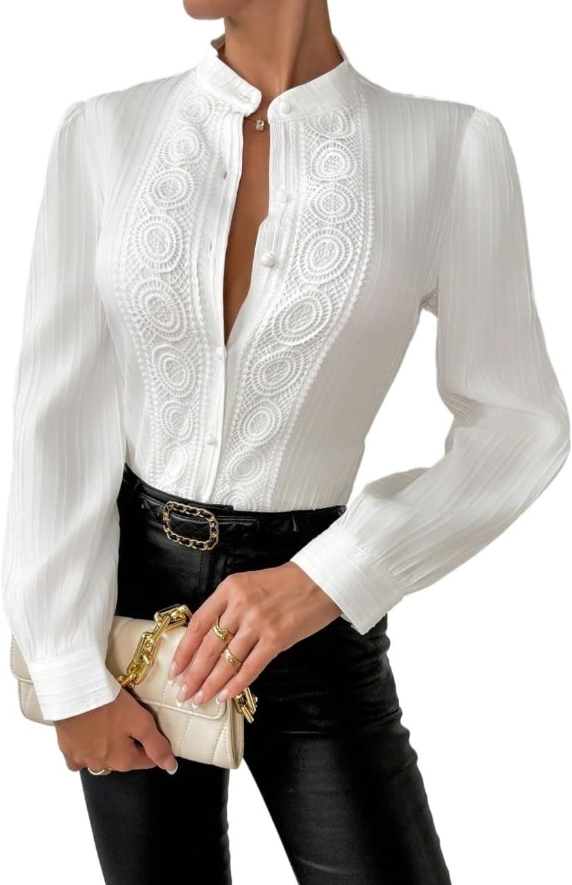 Women's Classic-Fit Shirt Lace Pleated Blouse Shirt,Long Sleeve Tops