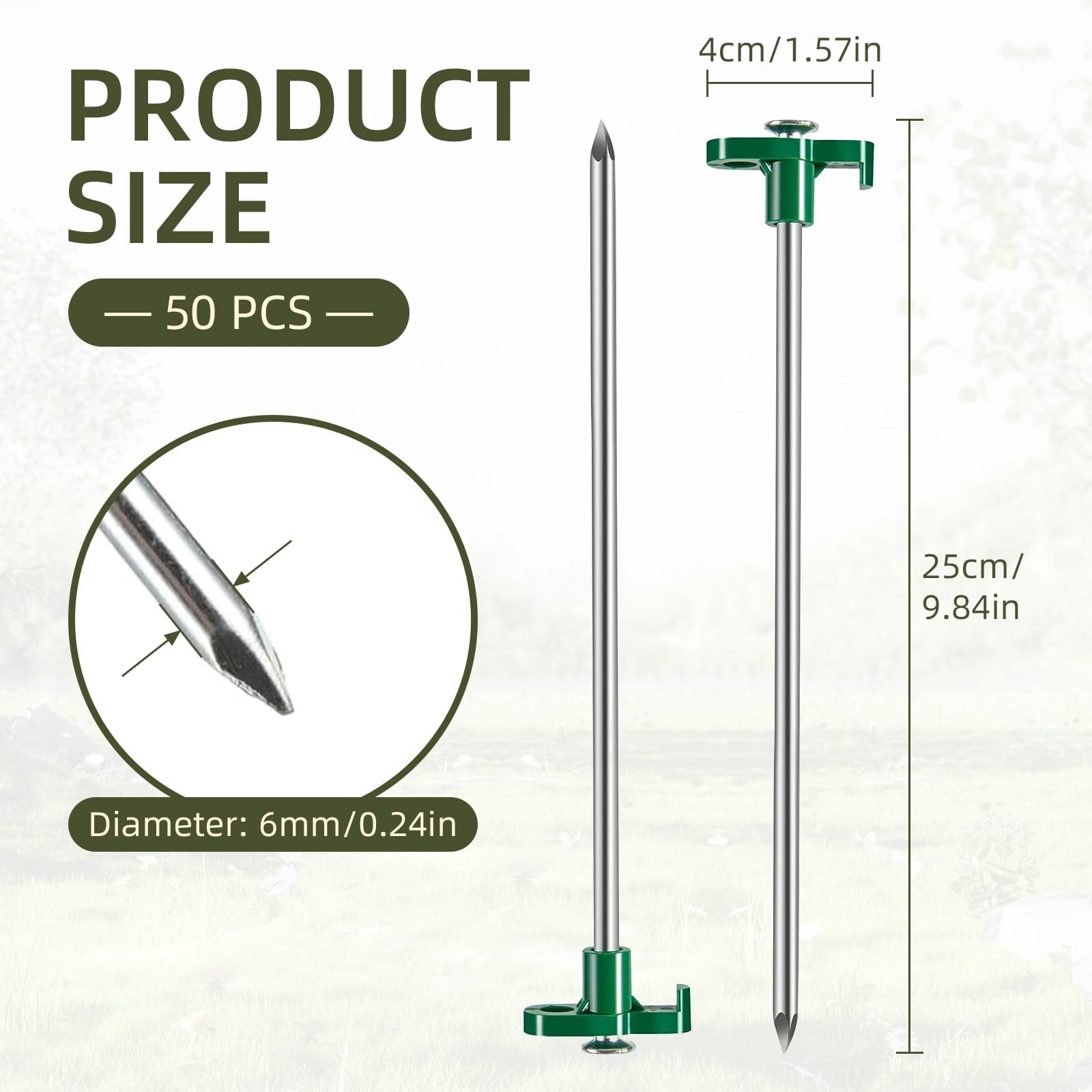 Ohiyoo 50 Pack Tent Stakes Heavy Duty 10 Inch Camping Stakes Yard Stakes Metal Tent Pegs for Ground Stakes Tent Spikes for Camping Garden Yard (Green)