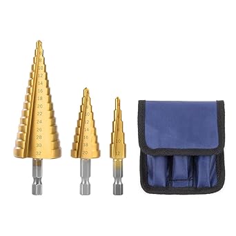 3Pcs Large HSS Titanium Coated Step Drill Bit Set, 1/4" Hex Shank Quick Change High Speed Steel Cone for Plastic, Wood, Metal, Aluminum Hole Drilling Metric 4-12mm/4-20mm/4-32mm