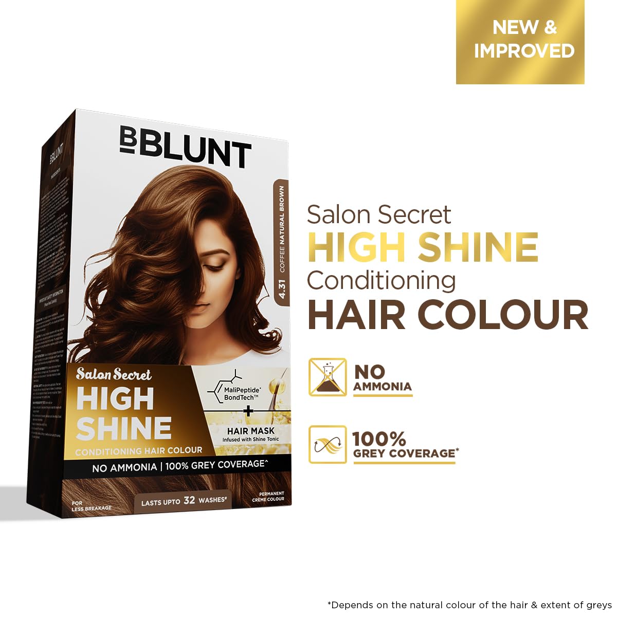BBLUNT Salon Secret High Shine Conditioning Hair Colour With MaliPeptide BondTech™ to reduce breakage | Coffee Natural Brown 4.31 | No Ammonia 100%, Grey Coverage | Long Lasting Colour | Salon at home 1