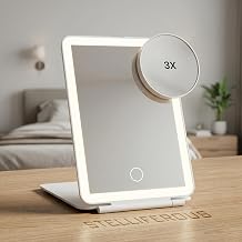 Stelliferous Flip Makeup Mirror with Light - 3X Magnifying Travel Mirror with 3-Color LED Lighting, USB Rechargeable - Foldable Vanity Mirror for Tabletop & Portable use (White, Rectangular)