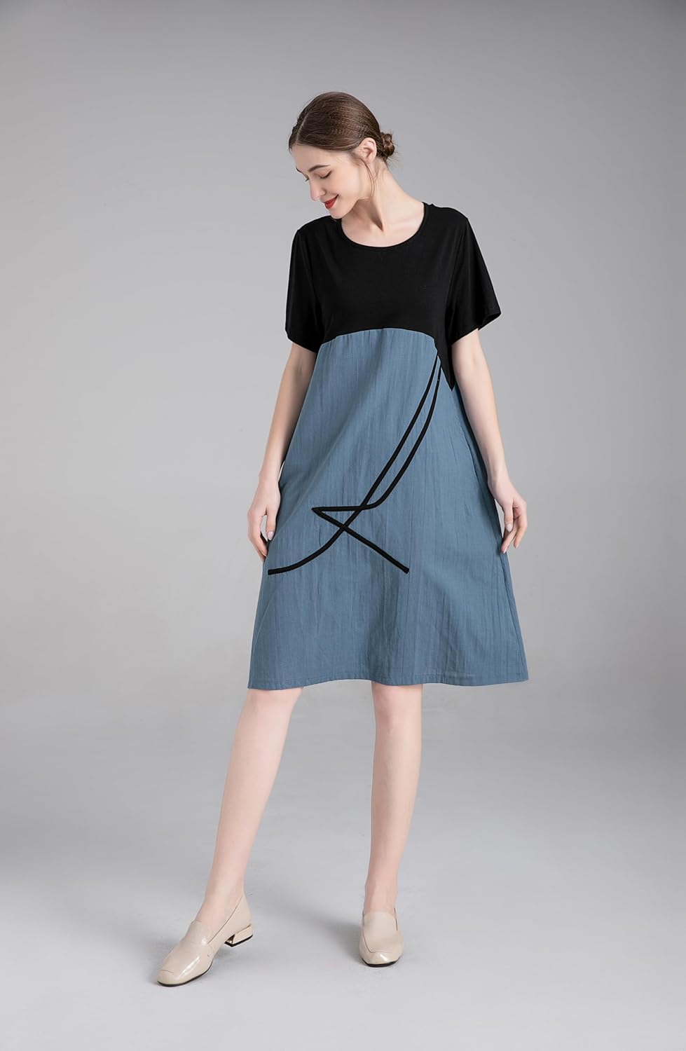 Minibee Women's Linen Casual Dress Summer Short Sleeve Midi A-line Boho Tunic Dresses with Pockets - Image 2