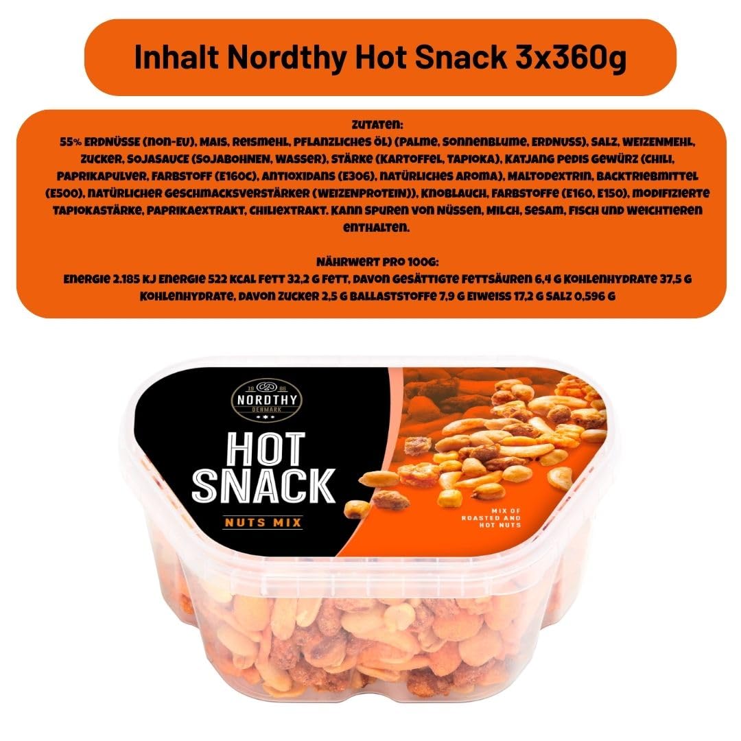 Nordthy Hot Snack Nussmischung 3×360 g | Pikant-würziger Nussmix | Knuspriger Party- & Büro-Snack | Vorratspack 1,08 kg | ideal zum Teilen & Unterwegs