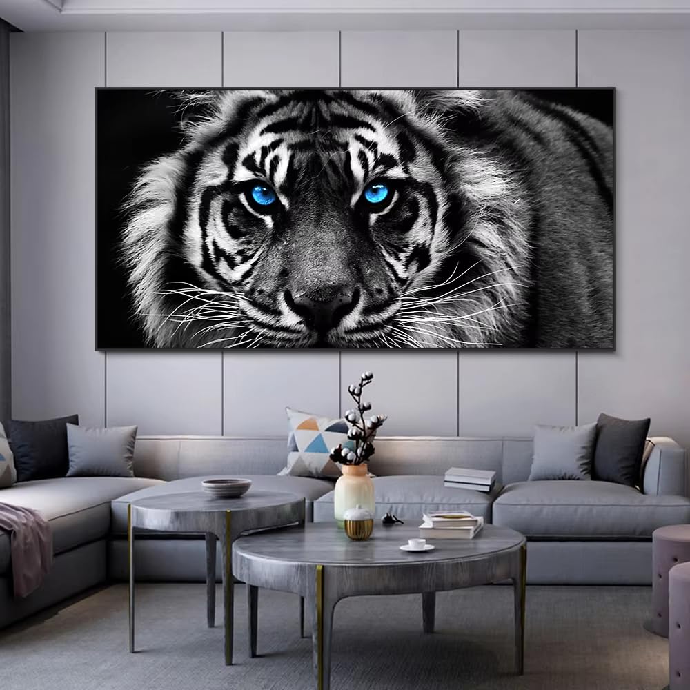 UUDEZO Duży druk na płótnie, czarno-biały obraz głowa tygrysa nowoczesny plakat ścienny zwierzę obraz artystyczny do wystroju domu (60x120 cm, 24x47 cali)