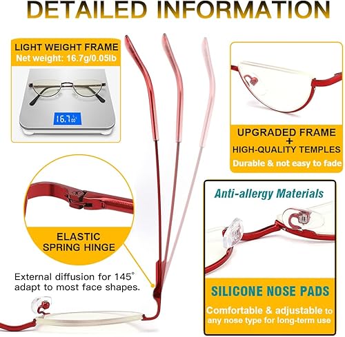 Miniatura 3 de touk Lentes de lectura de medio marco, filtro UV de luz azul, lente de media luna, semiluna, lectores de bisagra de resorte con funda para mujer