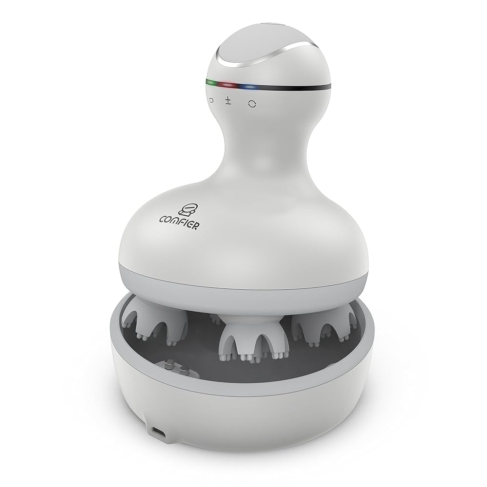 COMFIER Electric Scalp Head Massager with 4 Soft Silicone Massage Heads, Portable Hair Massager for Hair Growth, Relieve Stress, Head Scratcher for Deep Relaxation, Dog Cat Massager, Gray