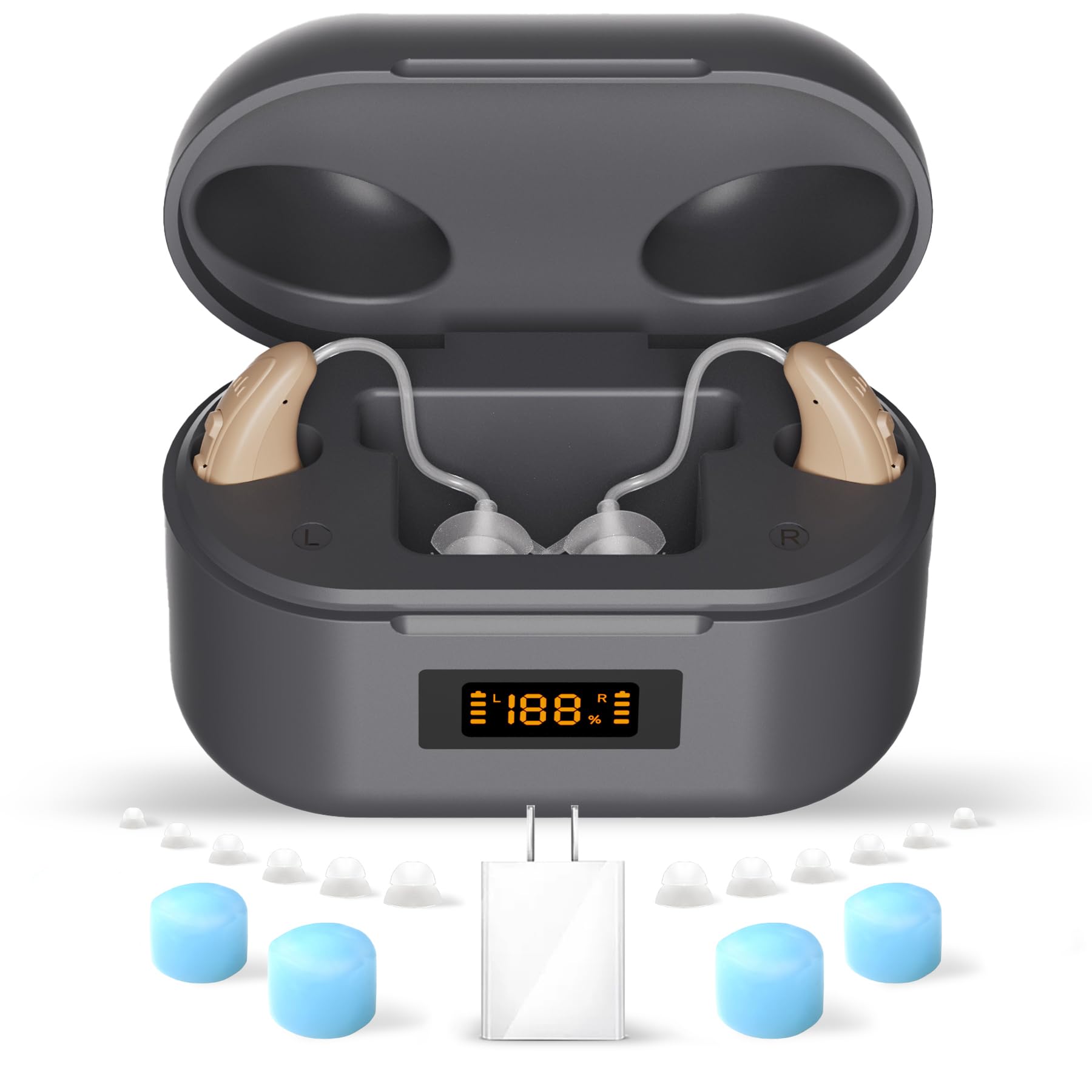 BTE Hearing Aids,Rechargeable Hearing Amplifier with Noise Cancelling Adjustable Volume Control,One Pair Hearing Assist Devices with Charging Box Earplugs,Charger, 12 Eartips