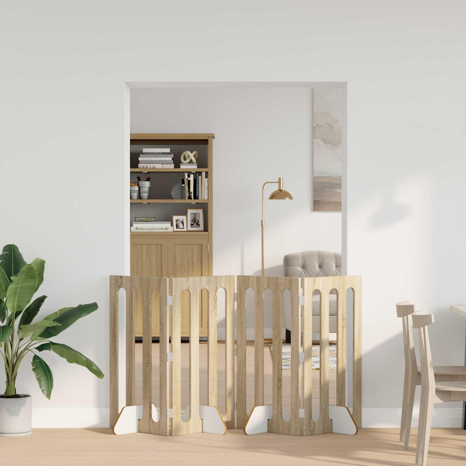 Valla plegable para mascotas de madera de roble Sonoma, 4 piezas, 201 x 38 x 90 cm, con paneles plegables flexibles giratorios 180 grados, protección segura para perros, cachorros, interiores