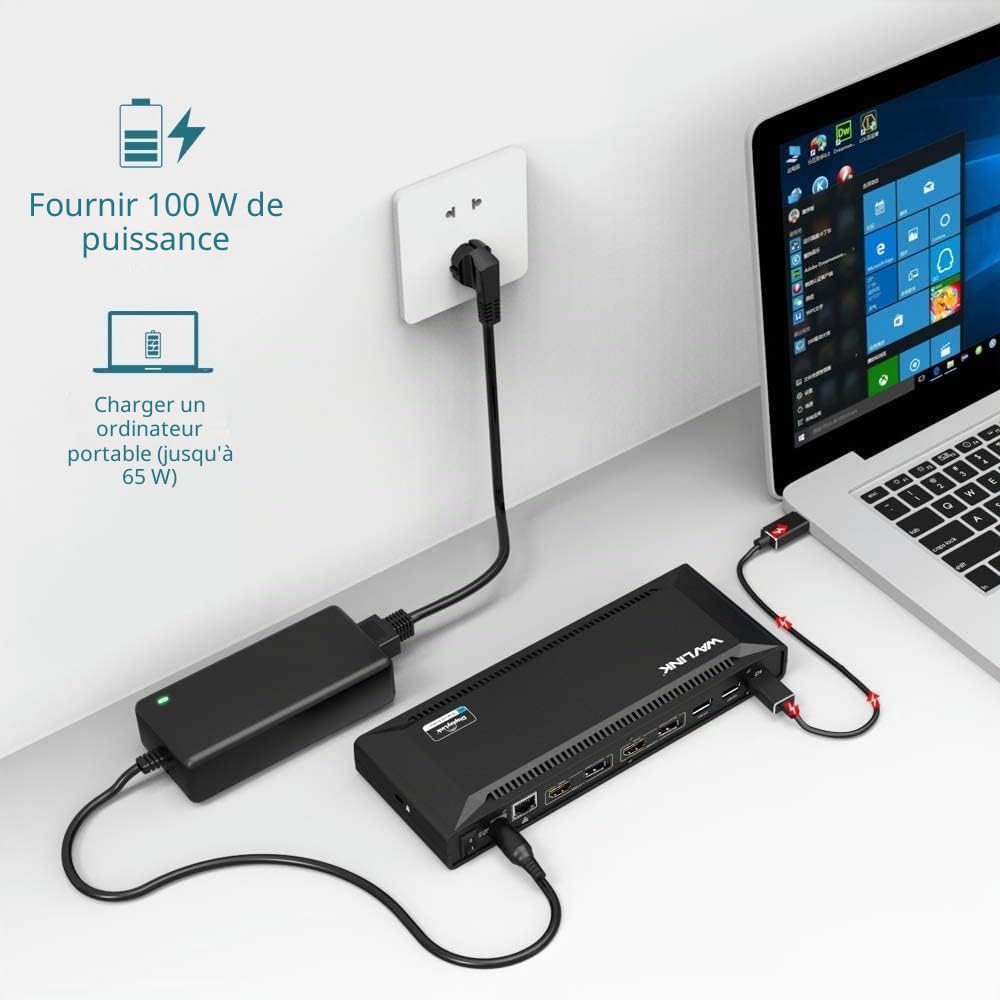 WAVLINK Station d'accueil Universelle USB C 60 W - Prend en Charge Les Sorties vidéo Double 4K (DisplayPort et HDMI, Gigabit Ethernet, Audio Out et Mic in, 4 Ports USB 3.0 et 2 Ports USB C)