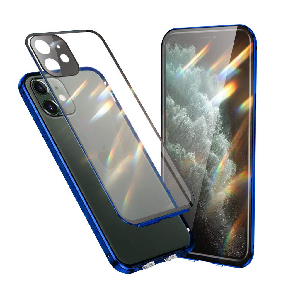 JonwelsyCase Compatible with iPhone 11 (6.1"), 360 Degree Front and Back Transparent Tempered Glass Cover with Lens Protection, Double Buckle Shockproof Metal Bumper for iPhone 11 (Blue)