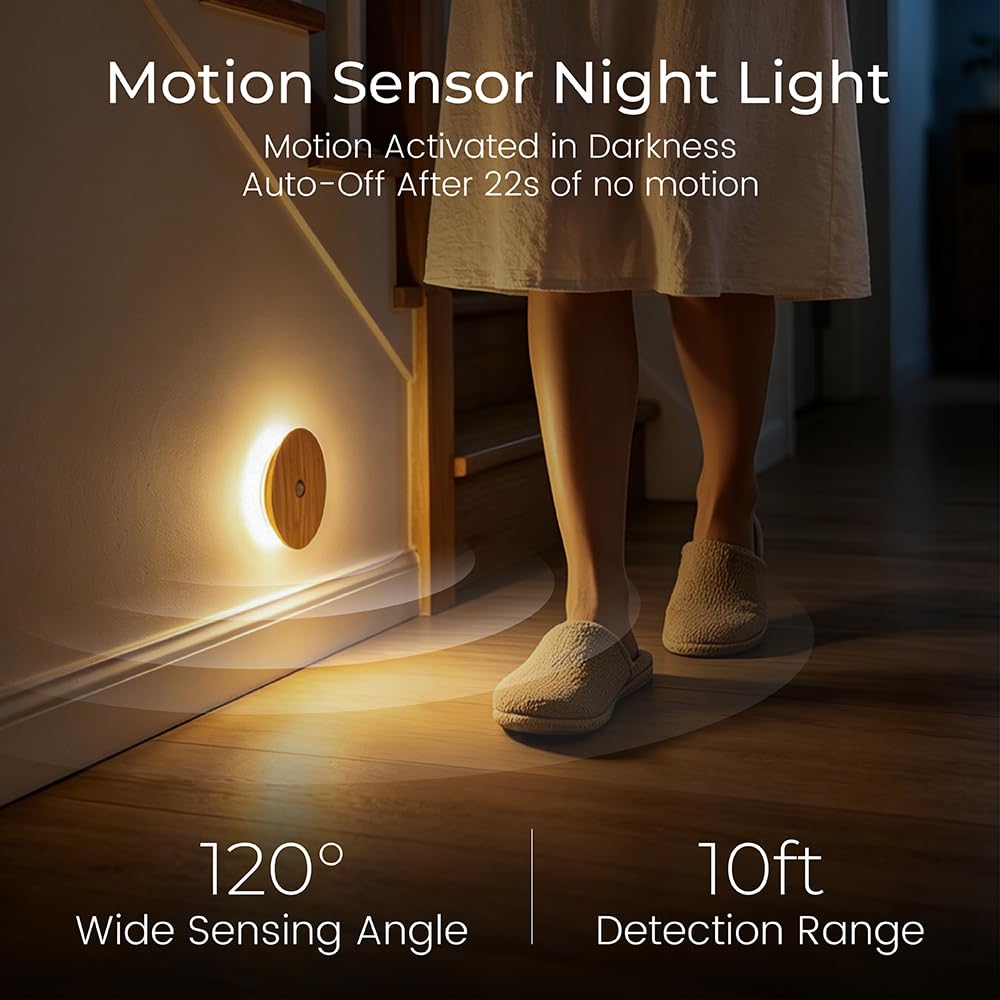 Nachtlicht mit Bewegungssensor, Holz, wiederaufladbar, batteriebetrieben, zum Aufkleben, magnetisch, Schranklichter, warmes Nachtlicht für Flur, Schlafzimmer, Treppe (Eschenholz)