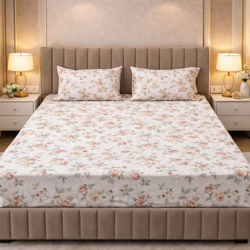 Image of THEA Elastic Fitted Double Bedsheet Set| 100% Cotton Like Soft Fabric | Microfiber Double Bedsheet for Double Bed (72 X 78 x 6 inches) with 2 Pillow covers,English Blossom