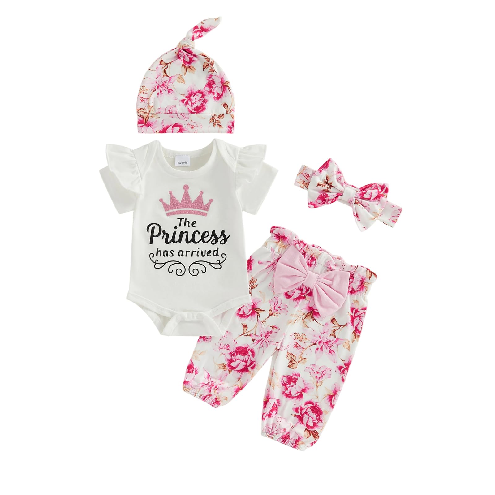 Preemie Newborn Baby Girl Summer Outfits Short Sleeve Romper Floral Pant Headband Hat Coming Home Clothes