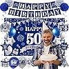 50th Birthday Decorations for Men, Blue Silver Happy 50th Birthday Party Supplies Set with Banner Balloons Backdrop Hanging Swirls Paper Pompoms for 50 Years Old Man Him #4