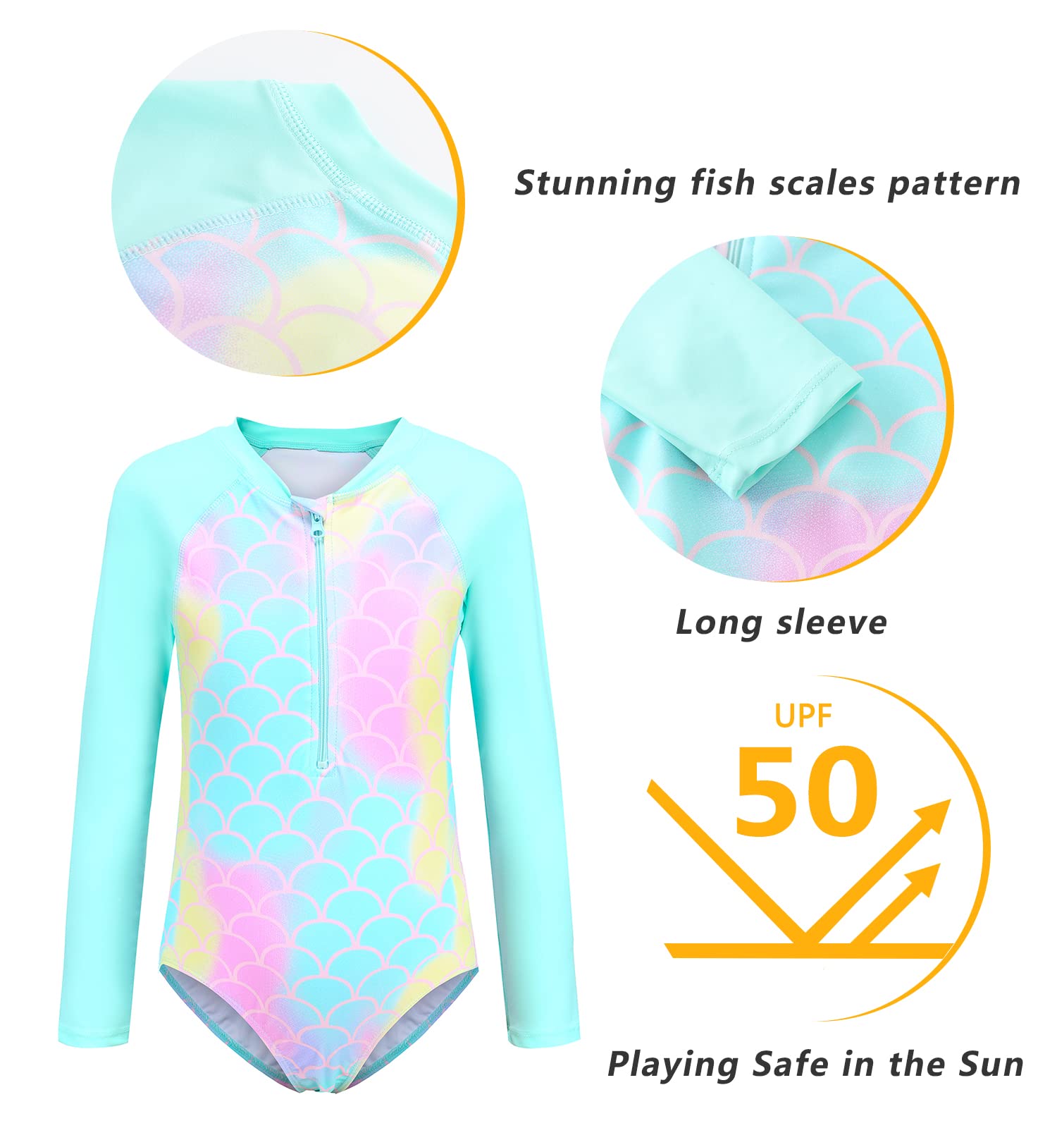 Aisyee Maillot de Bain Fille Manches Longues Rashguard Maillot de Bain pour Surf Natation Séchage Rapide 3-16 Ans