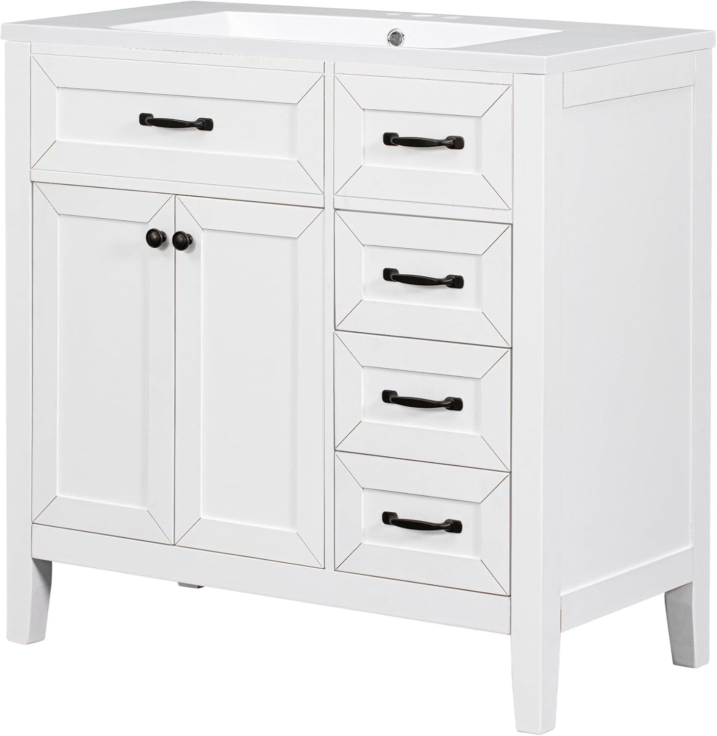 36" Bathroom Vanity Unit with Sink, Modern Floor Standing Storage Cabinet with Ceramic Basin, Multi-functional Wooden Organizer with Drawers & Doors, Solid Frame & MDF Board, Assembly Required, White