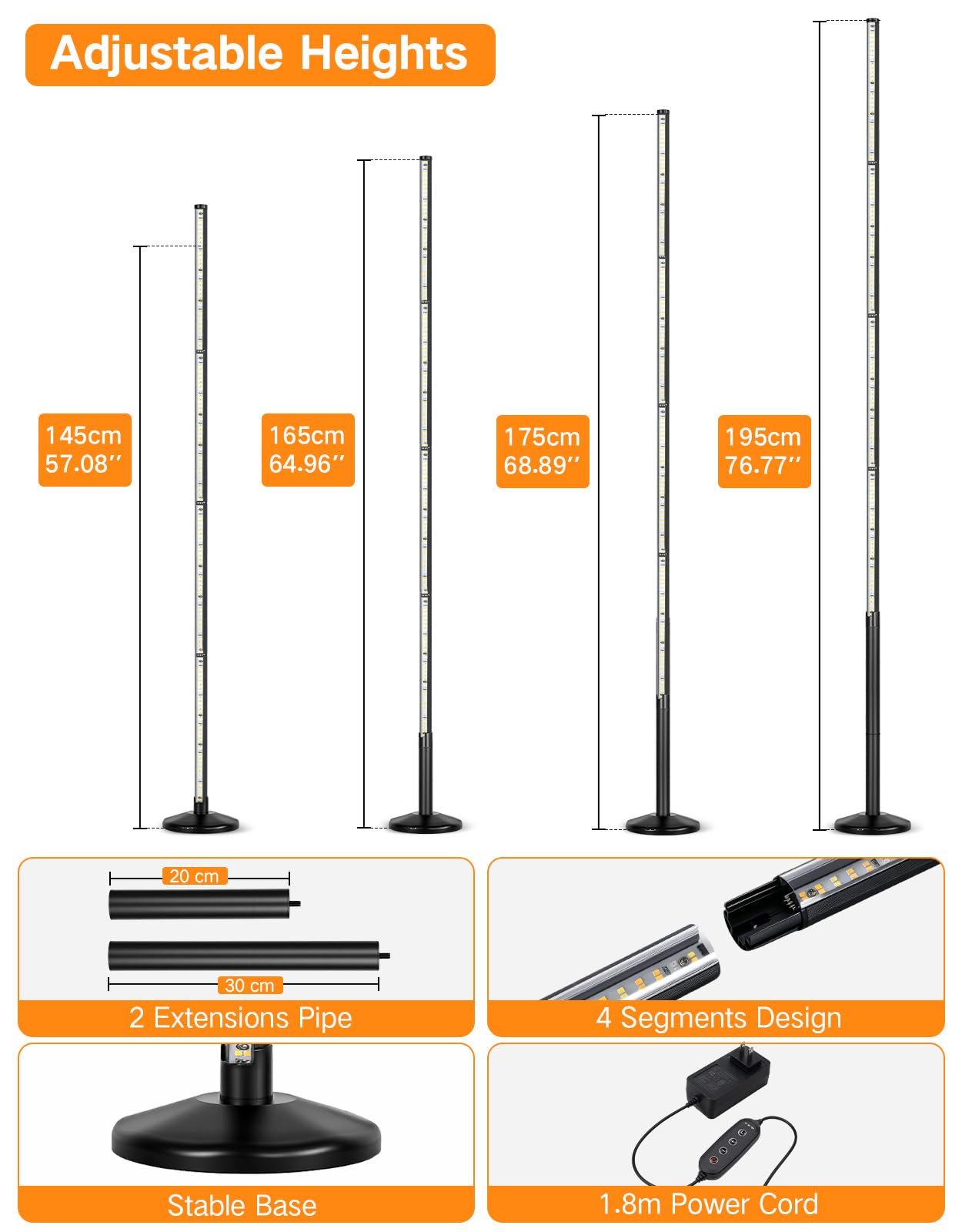 OUTON Lámpara LED para plantas de interior, espectro completo, 48 W, 195 cm | 210 LED, 6000 K, CRI 96, 10 niveles, temporizador 4/8/12 h, mando a distancia, base redonda, altura hasta 195 cm