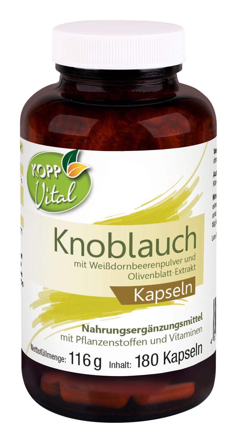 Kopp Vital Knoblauch Plus, 105 g, 180 Kapseln | Plus Weißdorn-Pulver, Olivenblatt-Extrakt, Nahrungsergänzungsmittel
