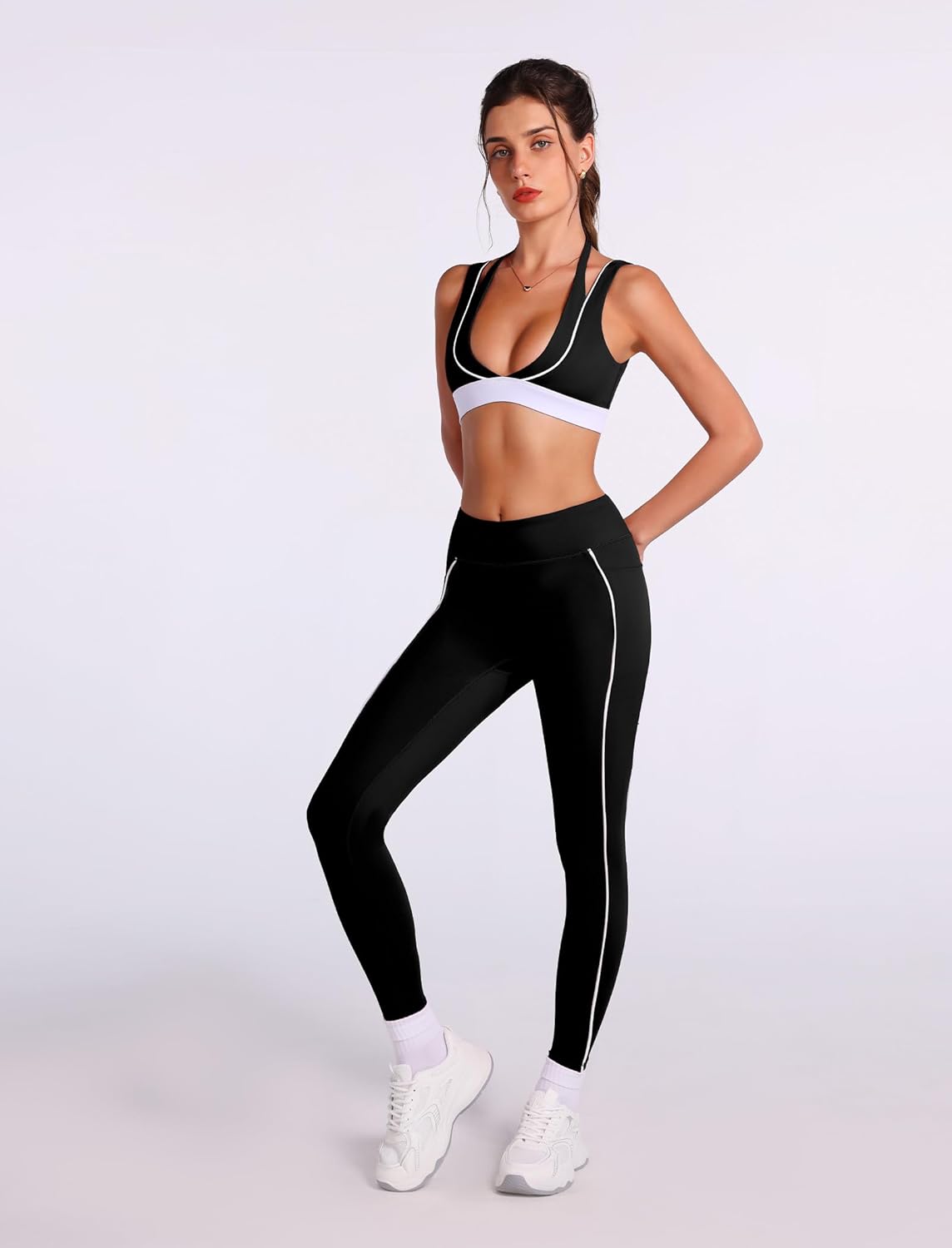 ABOCIW Workout Sets for Women Layered V Neck Halter Sports Bra High Waist Leggings with Pockets Yoga Pilates Outfits