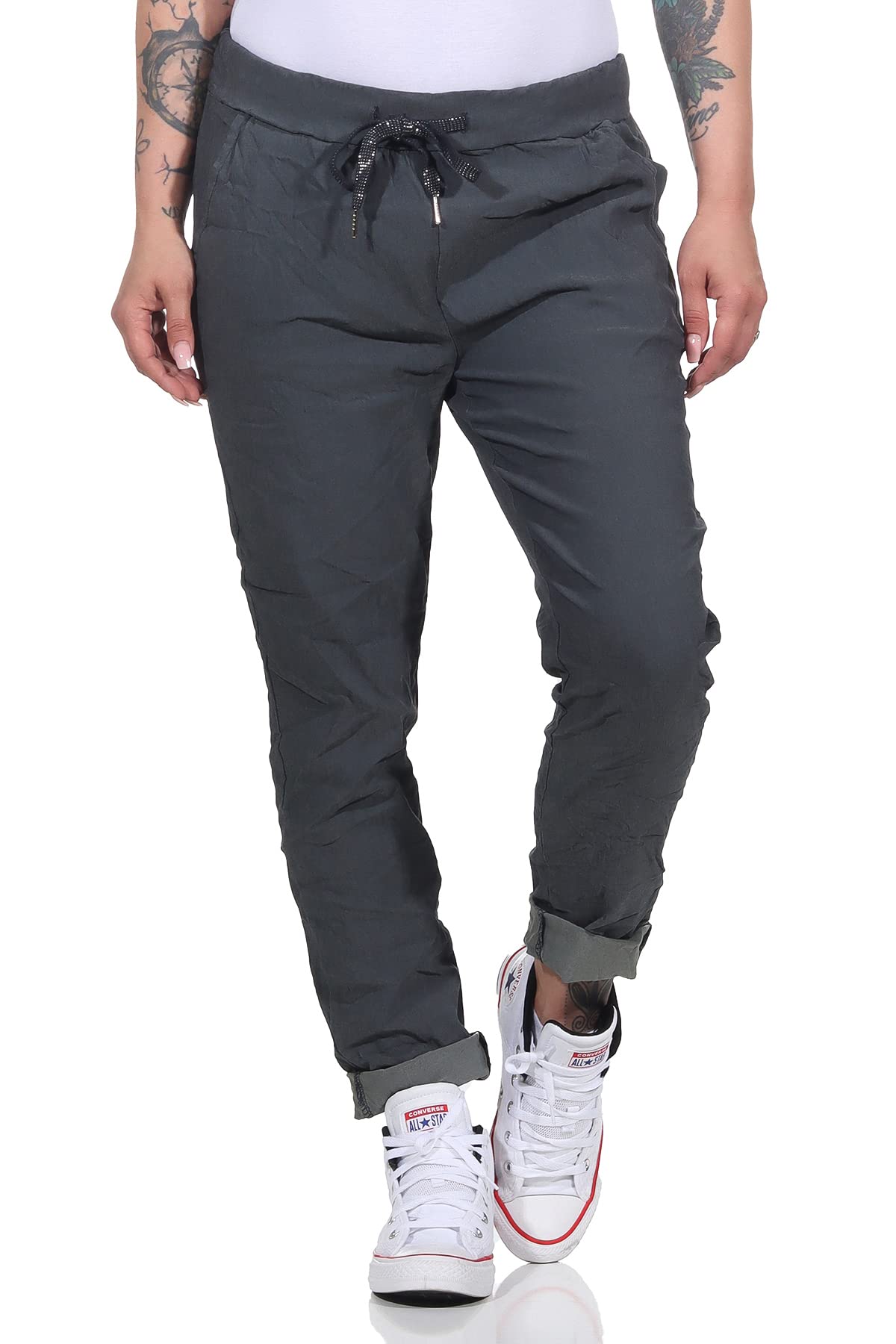 Pantaloni da jogging da donna in stile vintage, per tempo libero, sport e fitness 8115, grigio scuro, 46/50 IT