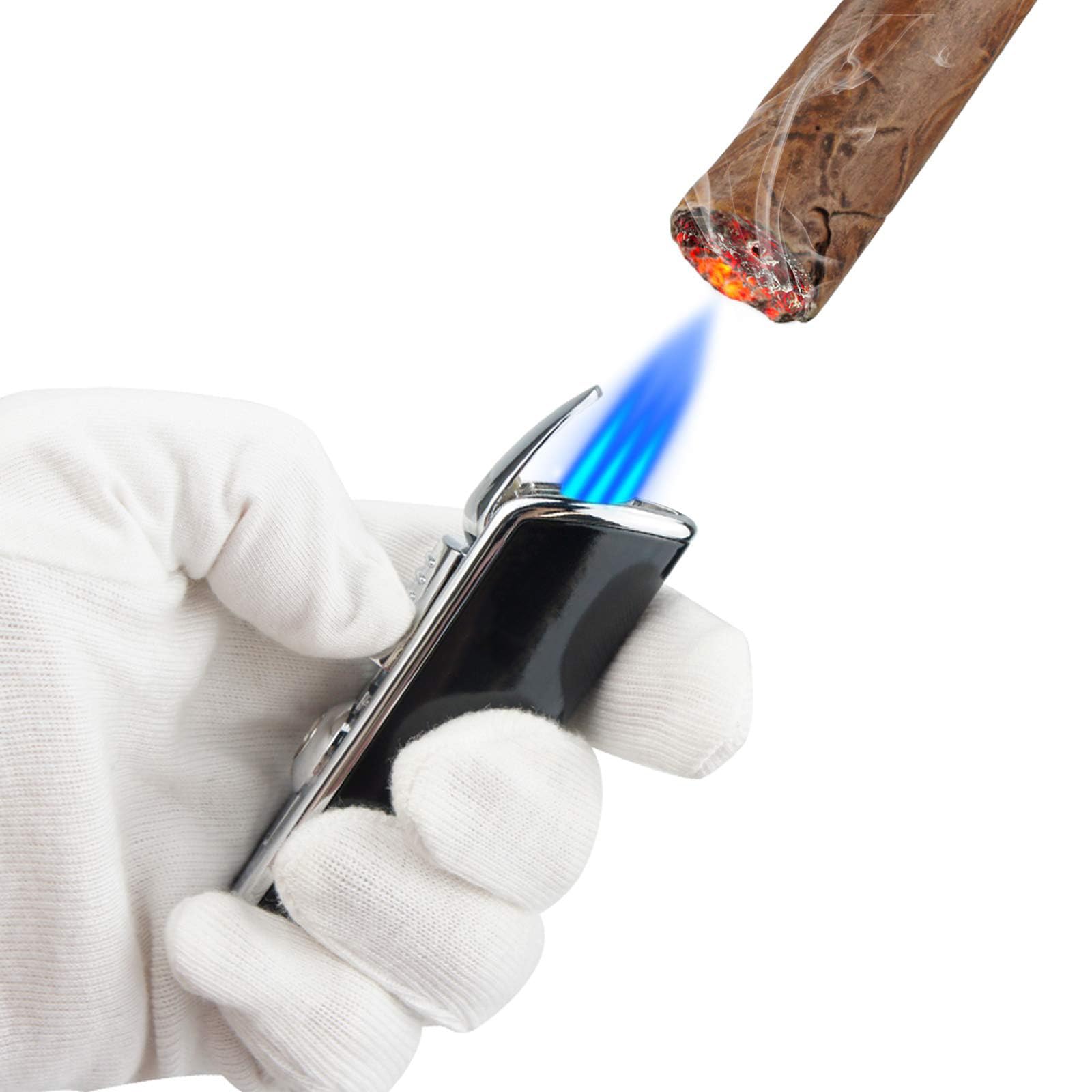 Cigar Torch Lighters Triple Jet Butane Refillable Lighter with Punch Windproof Lighter Without Gas(Black)