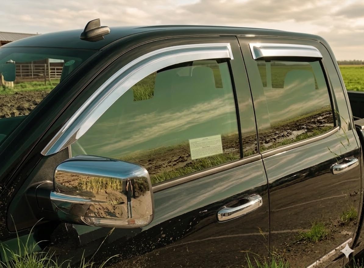 Chrome Window Visors Wind Deflectors Compatible with 2014-2018 Chevy Chevrolet Silverado 1500 & GMC Sierra 1500/2015-2018 Silverado & Sierra 2500HD 3500HD Extended Cab, 4pc Set, Tape-On Rain Guards