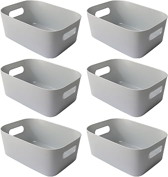 6-Pack Grey Plastic Storage Basket, Kitchen Cupboard Storage Boxes, Small Bathroom Boxes Organisers with Handles, 4L