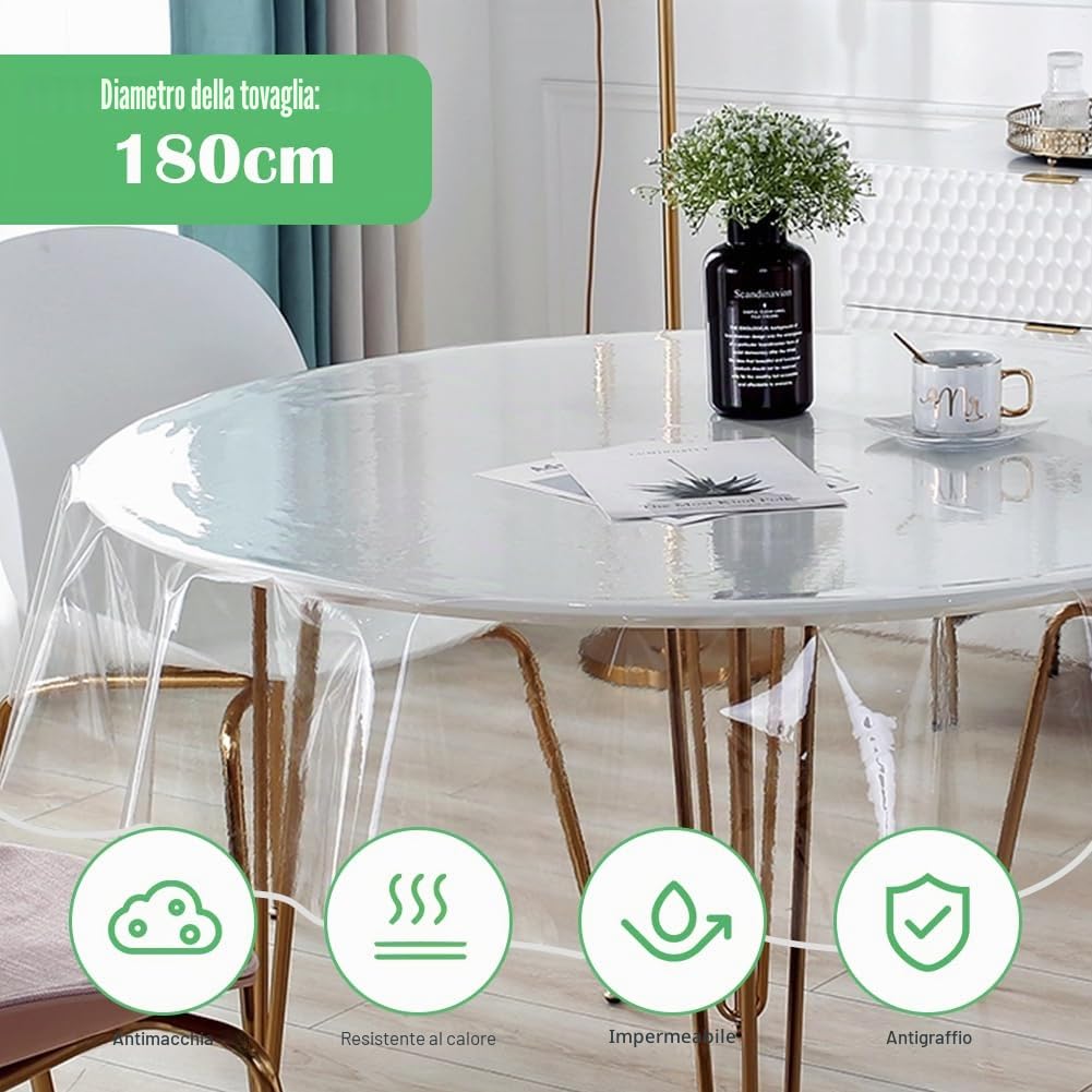 DASIAUTOEM Tovaglia trasparente rotonda, PVC trasparente, diametro 180 cm