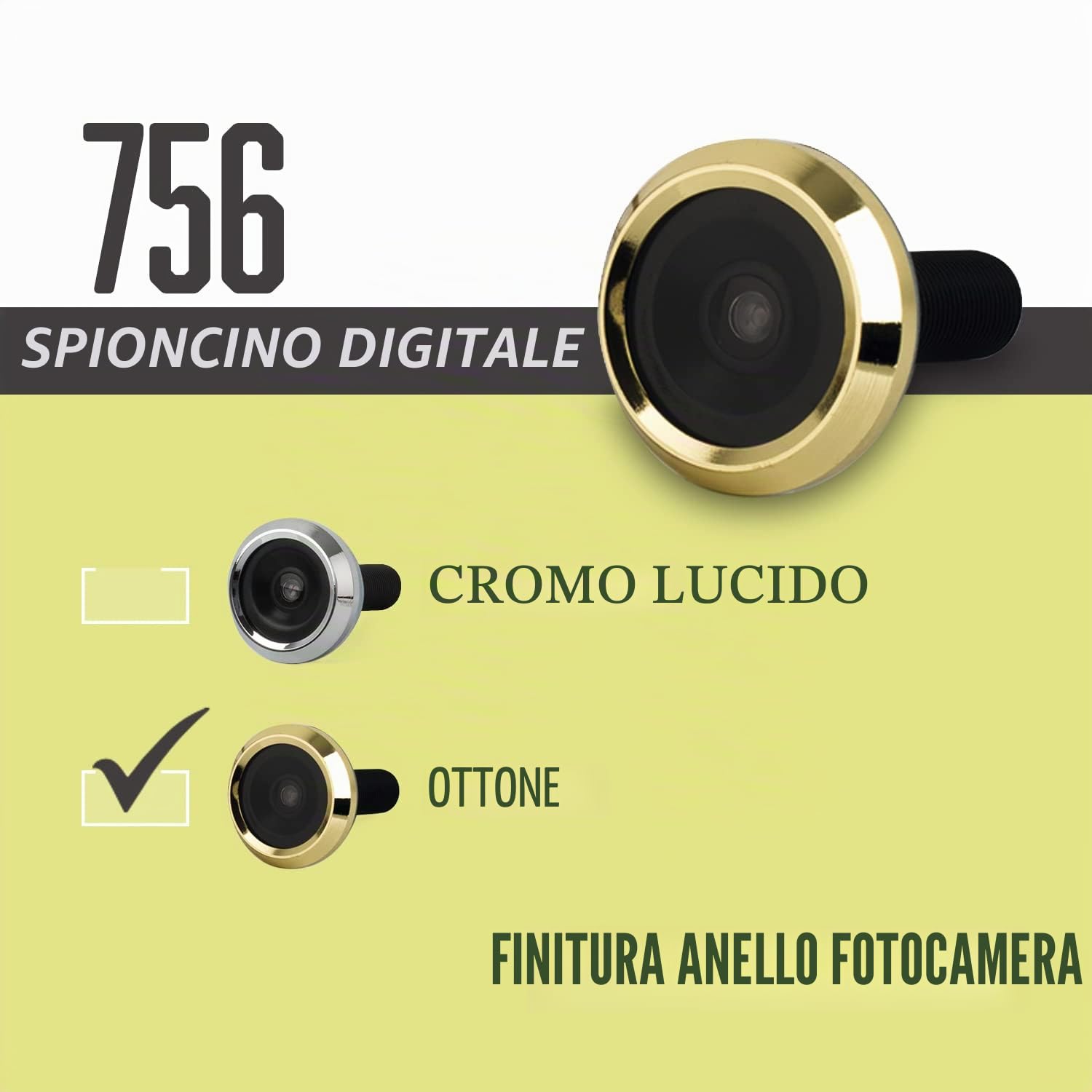 Spioncino digitale AYR 756 finitura nichel opaco/ottone lucido. | Spioncino in nichel ottone, schermo LCD TFT 2,6", porte 38-110 mm, 2 batterie AAA, visione 105°