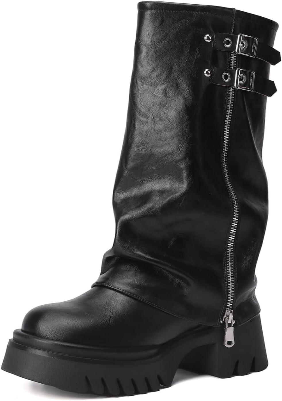 MAVMAX Mid Calf Boots for Women Fold Over Zipper Buckle Riding Boots Black Wide Calf Platform Round Toe Chunky Low Heel Tall Boots Cowboy Biker Motorcycle Boots