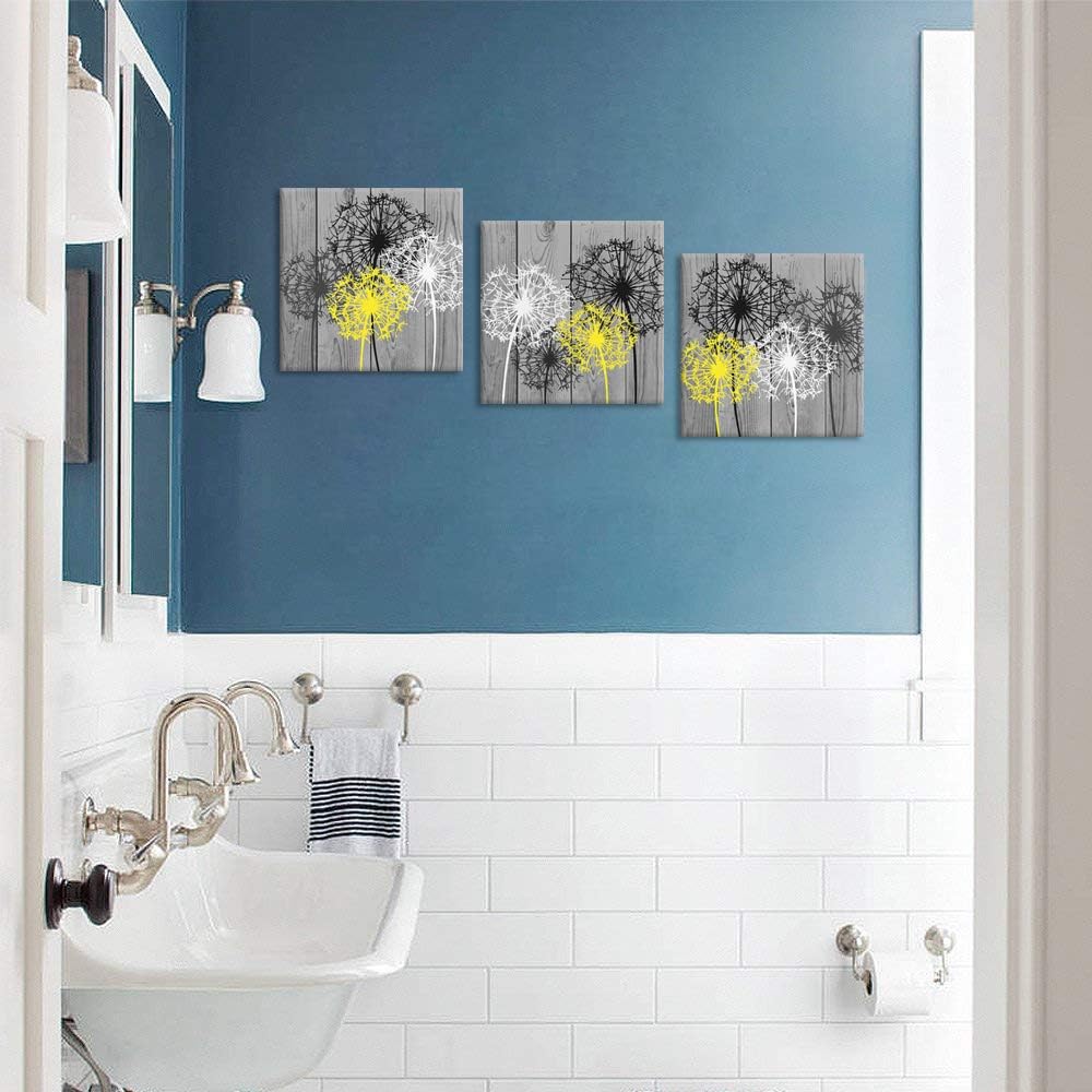 Buy Ihappywall 3 Pieces Bathroom Picture Wall Decor Bath Flowers White Yellow Dandelion Prints Floral Picture Print On Grey Wood Background Stretched And Framed For Rustic Home Decor Ready To Hang Online
