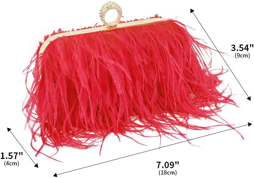 Women Ostrich Feather Purse Ostrich Tote Bag Fluffy Feather Purse Fringe Clutch Evening Handbag for Party Prom Red - Image 3