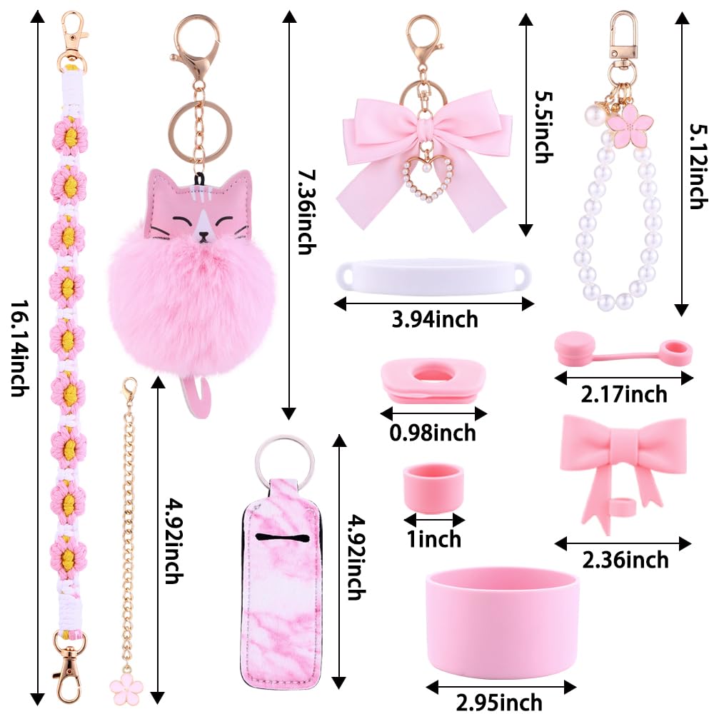 Vellibring 11PCS Stanley Cup Accessories Set for Stanley Cup 30oz 40oz Tumbler Including Water Bottle Handle Strap Silicone Cup Boot Spill Stopper Lipstick Holder Keychain Charms Straw Topper ?Pink?