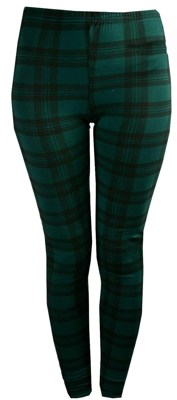 WearAll Womens Plus Red Tartan Check Print Elacticated Ladies Full Length Long Leggings Green Tartan 12-14