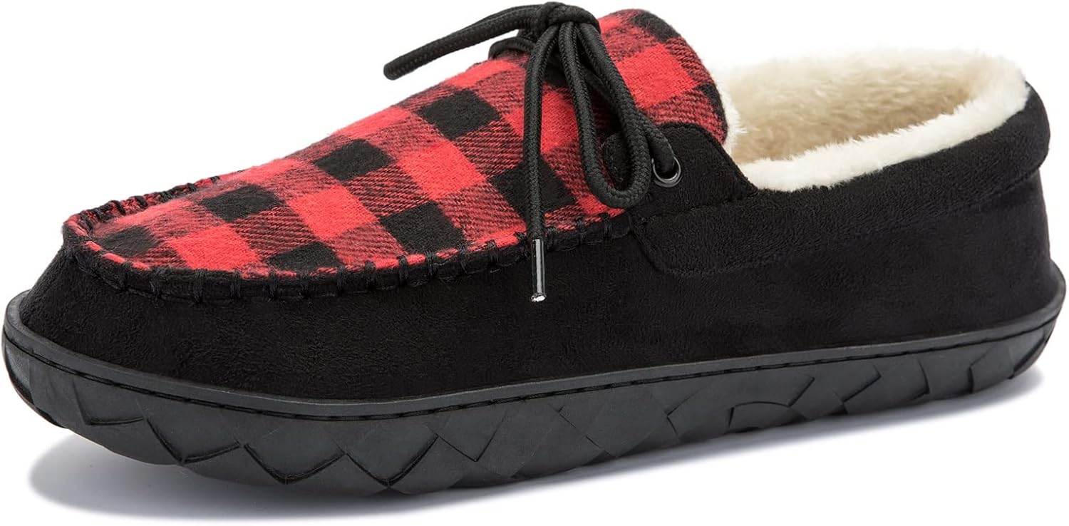 Mens Cozy Fuzzy Plaid Moccasin House Slippers Memory Foam Slip on Indoor Outdoor Red Plaid Size 11 - Image 2