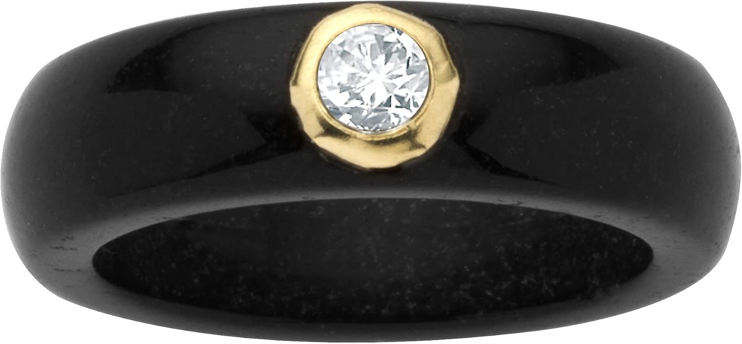 10K Yellow Gold Round Genuine Topaz Black Genuine Jade Bezel Set Ring