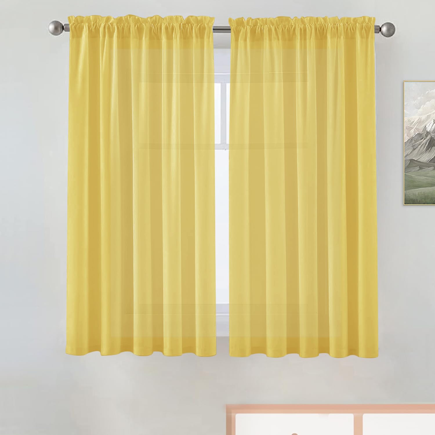 SpaceDresser Basic Rod Pocket Sheer Voile Window Curtain Panels Yellow 1 Pair 2 Panels 42 Width 45 Inch Long for Kitchen Bedroom Children Living Room Yard（Yellow, 42W x 45L）