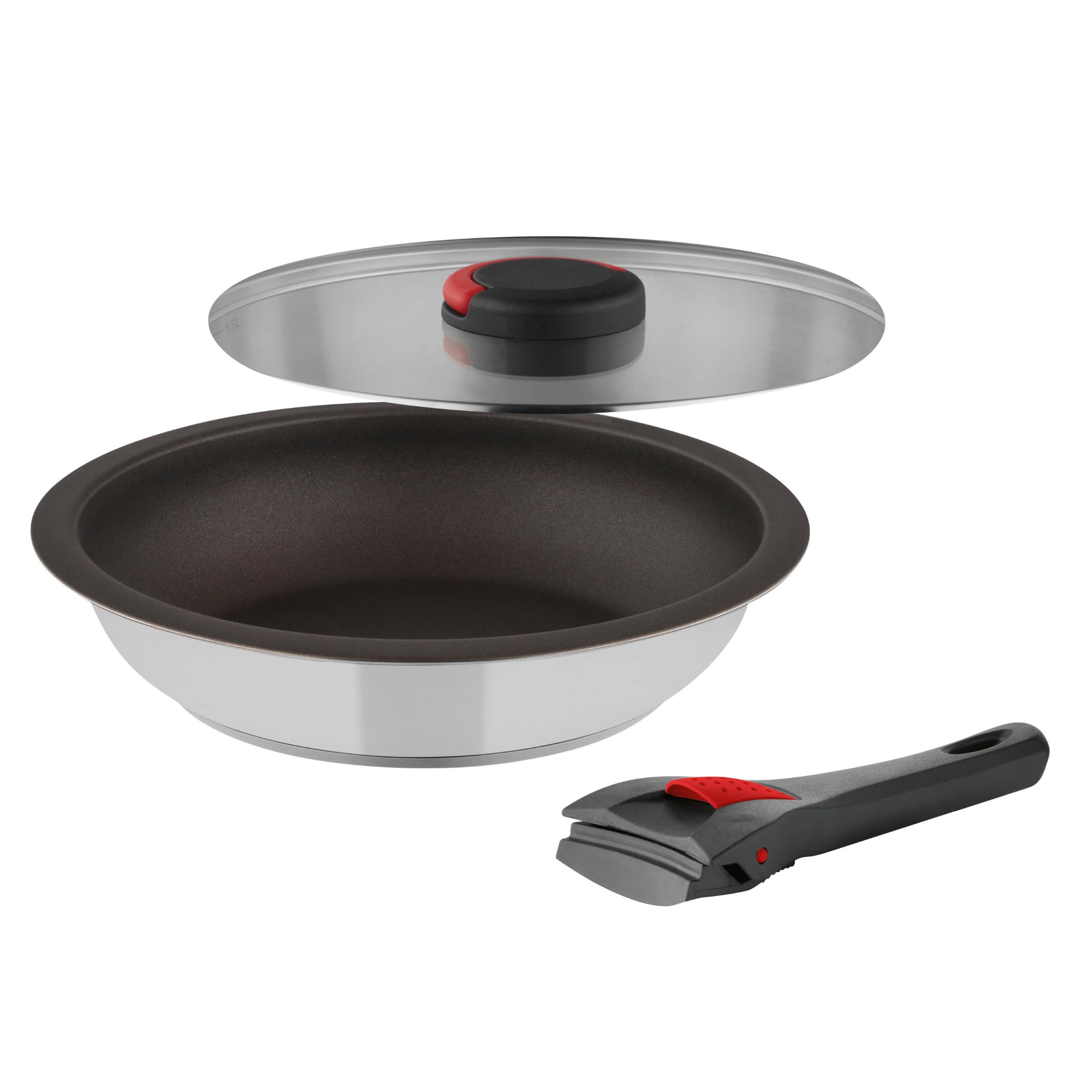 Pfannenset 3-tlg, abnehmbarer Griff, Induktion | Glasdeckel, Edelstahl 18/10, spülmaschinenfest, ideal für Camping, Backofen und platzsparend stapelbar