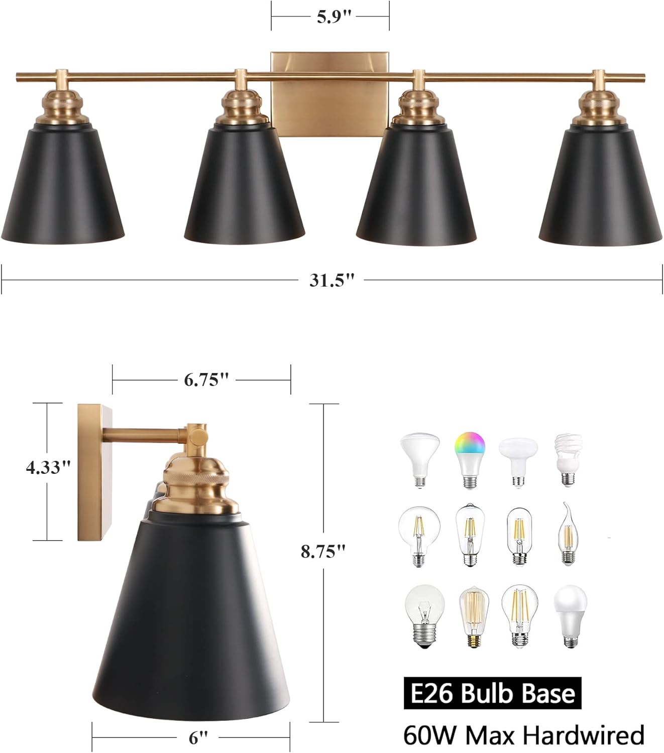 Black and Gold Vanity Light, 4-Light Bathroom Vanity Light Over Mirror with Metal Shade, 30 Inch Modern Farmhouse Bathroom Wall Sconce for Large Bathroom, Bedroom