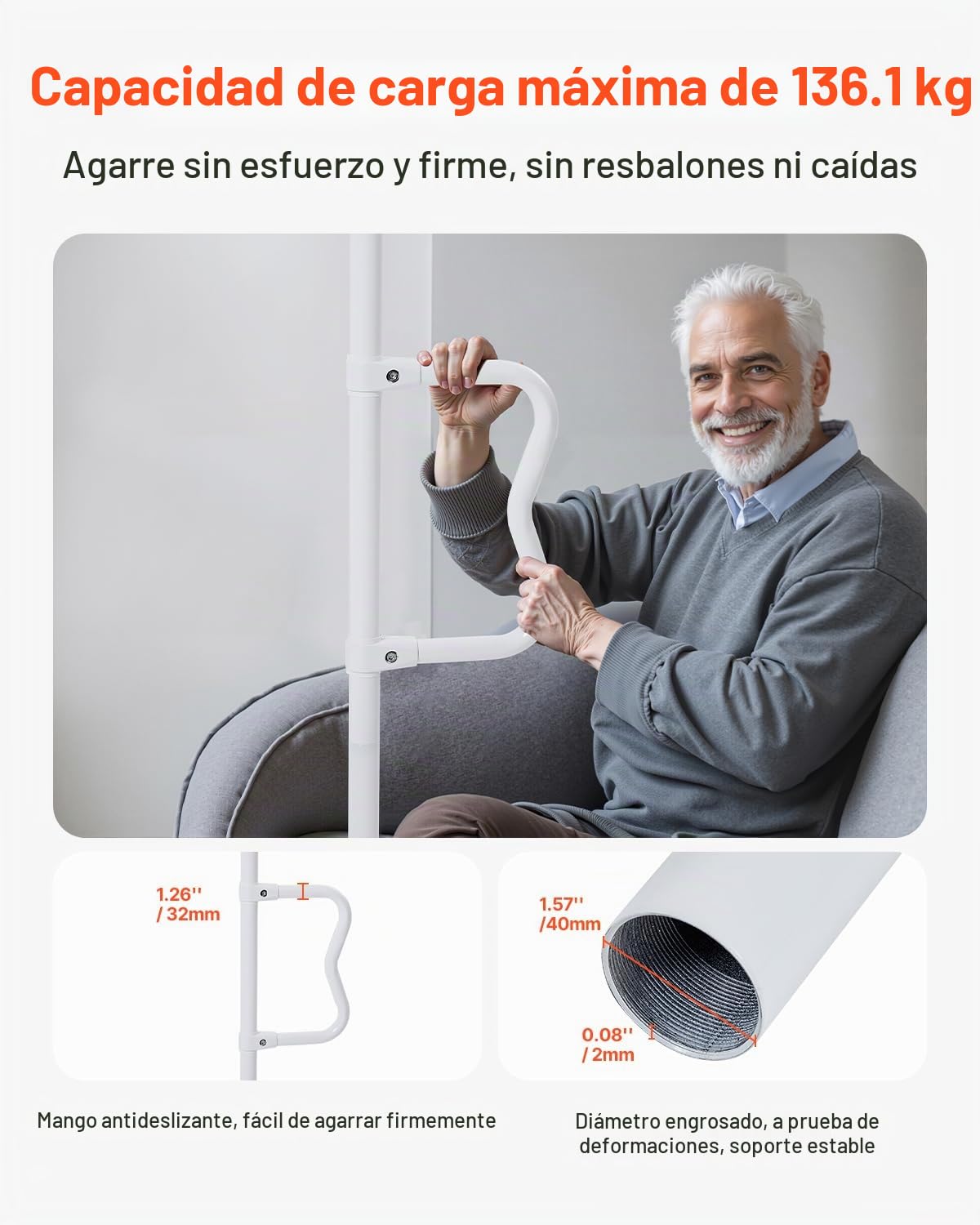 VEVOR Barra de Transferencia de Piso a Techo para Baño con Montaje a Tensión y Mango Curvo Antideslizante, con Capacidad de 136 kg para Personas Mayores, para Techos de 2140-3050 mm, Blanco