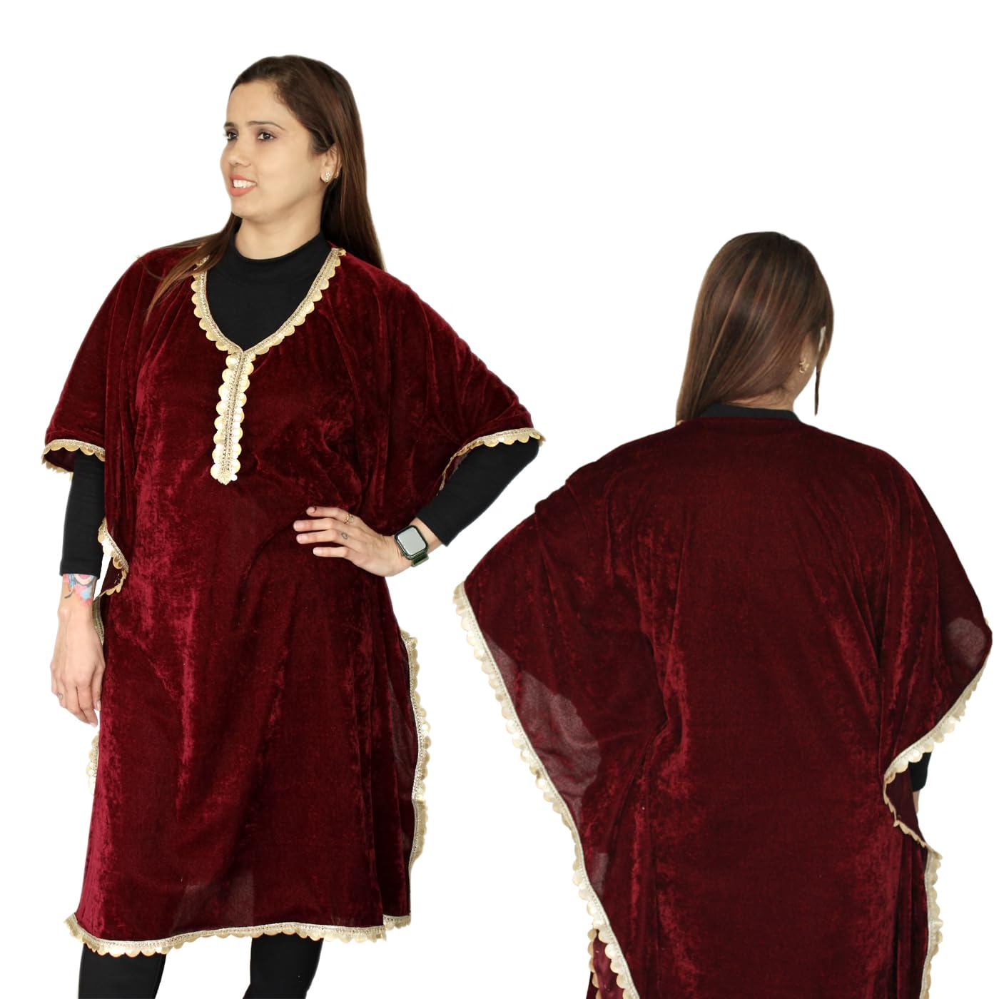 Women Velvet Winter Kaftan Set | V-Neck Kurta with Half Sleeves | Winter Velvet Kurti Kaftan for Women with Golden Lace Border (Pack of 1)-image-46