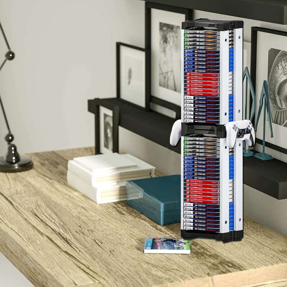 Tour de rangement pour PS5, PS4, Xbox Series X, Switch, et disques Blu-Ray Peut contenir 46 disques de jeu Avec 2 supports pour casque