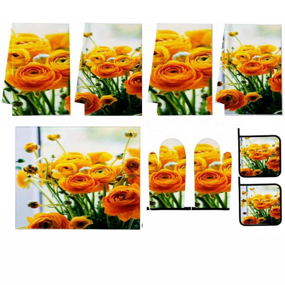 9PCS Giallo Ranunculus Bouquet Cucina Decor e Accessori Set