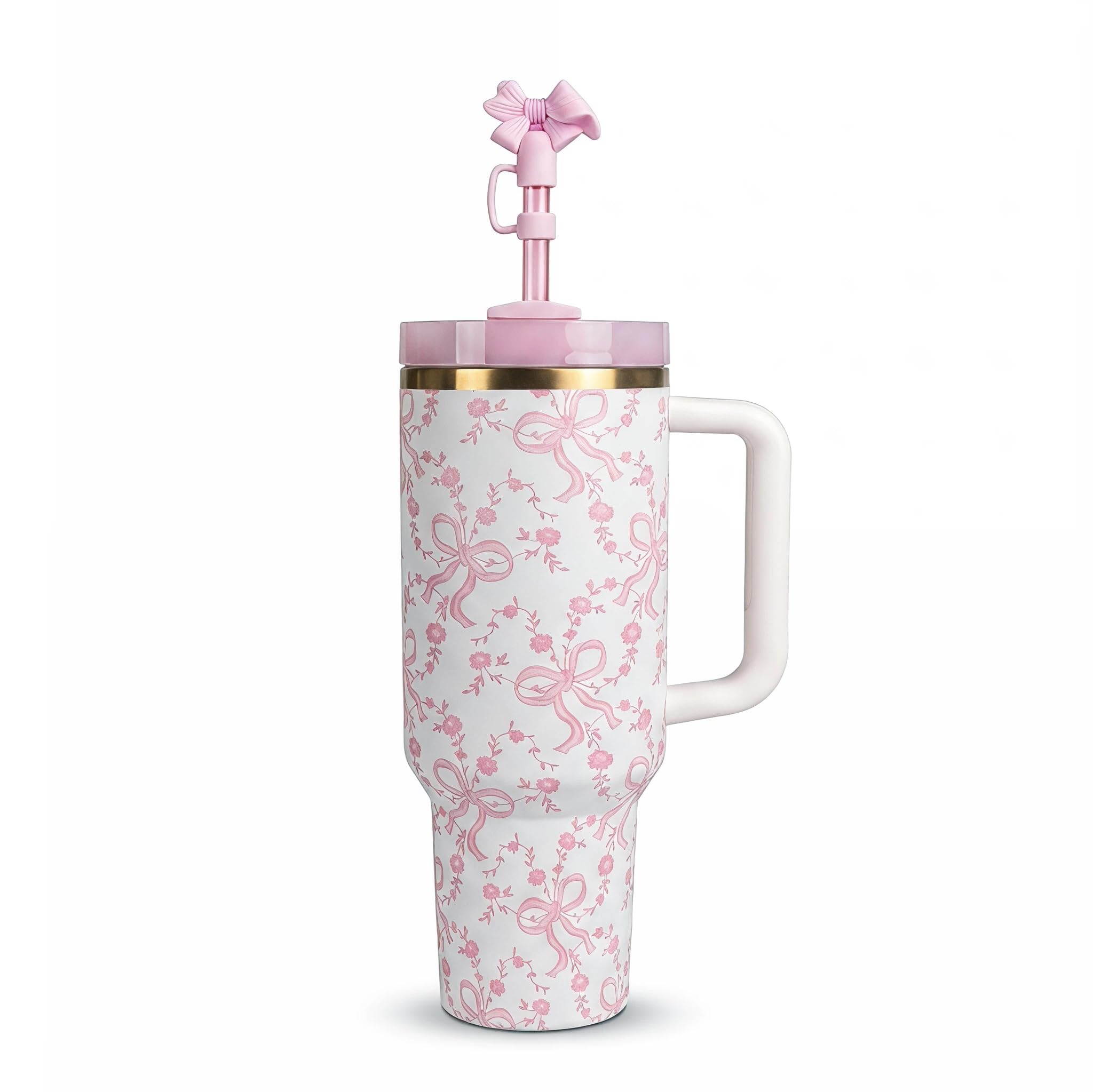 Vaso térmico de 40 oz con tapa y paja, vaso aislado de acero inoxidable con mango y paja, vaso de viaje con lazo y estampado floral para mujer, novia (Coquette