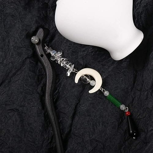 Miniatura 2 de Palillos de pelo de estilo chino Hanfu con borla de luna, horquilla de madera negra, pin de moño, palillos para el cabello para mujeres y niñas (B)