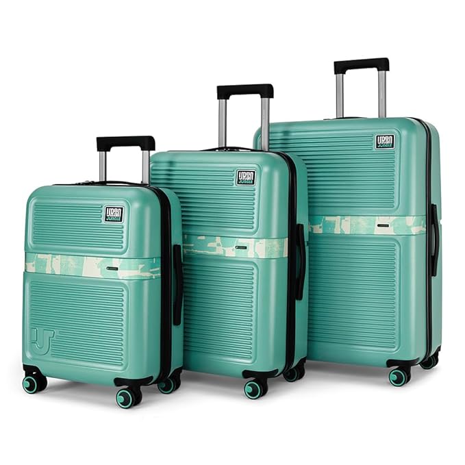 Urban Jungle Plastic Trolley Bags for Travel Set of 3, Small, Medium & Large Suitcase (55cm, 65cm & 75cm), Olive Cabin and Check-in Luggage with 8 Wheels & TSA Lock (Matcha Green)