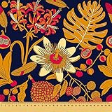 HEKO PANELS Stoff Oxford Wasserdichte Meterware CanvasPolyester Stoff Zum Nähen Nähstoffe Möbelstoffe Dekostoffe Handwerken Wasserabweisend Blickdicht Blumen Gold Dunkelblau 100 x 155 cm