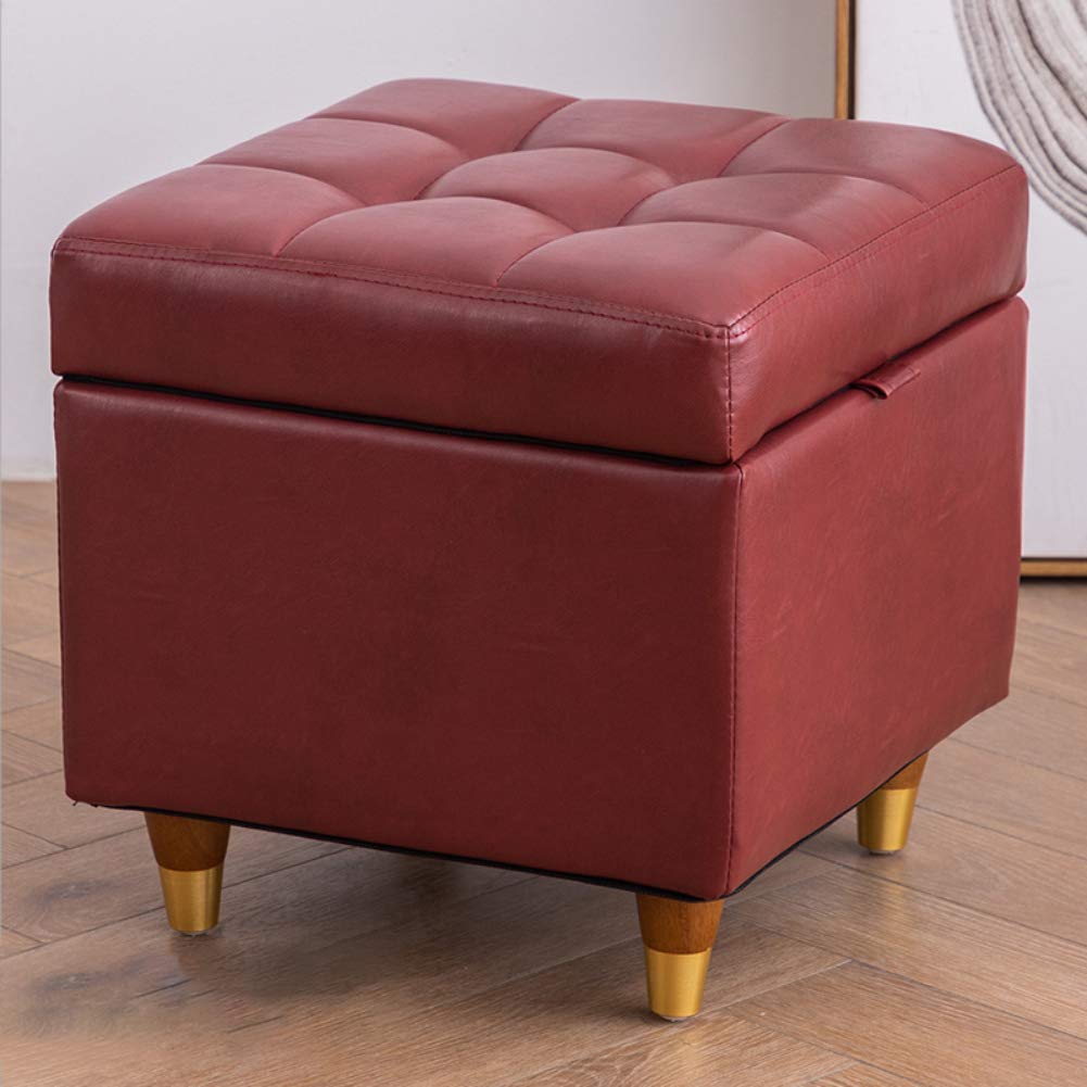 LMMIAOZ Leather Storage Footstool Square Foot Rest with Solid Wood Legs Load Bearing and Wear Resistant for Living Room or Bedroom 15.74IN Height Red