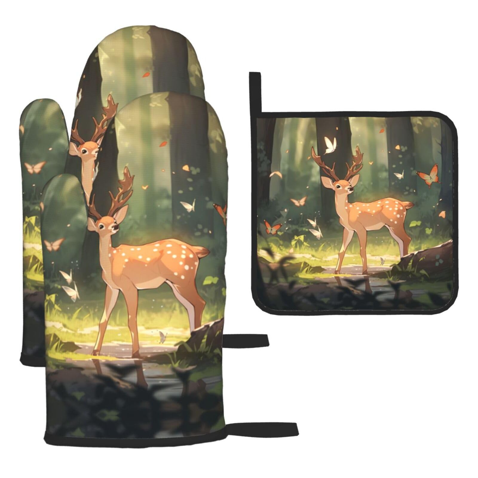 deer Printed Oven Mitt Set 3-Piece | Heat Resistant Gloves & Pot Holder Mat for Cooking, Baking & BBQ